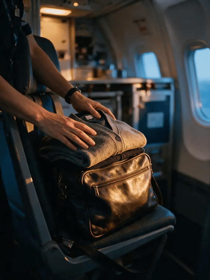 Flight attendant stowing a bag in the overhead bin